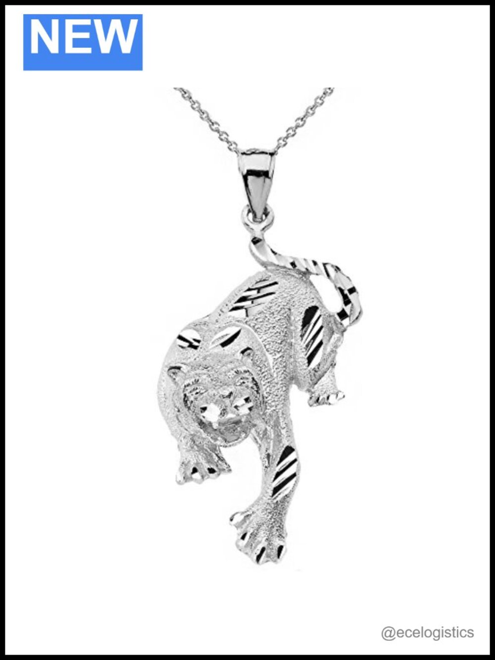 Sterling Silver Full Body Tiger Pendant Necklace 20" Rolo Chain